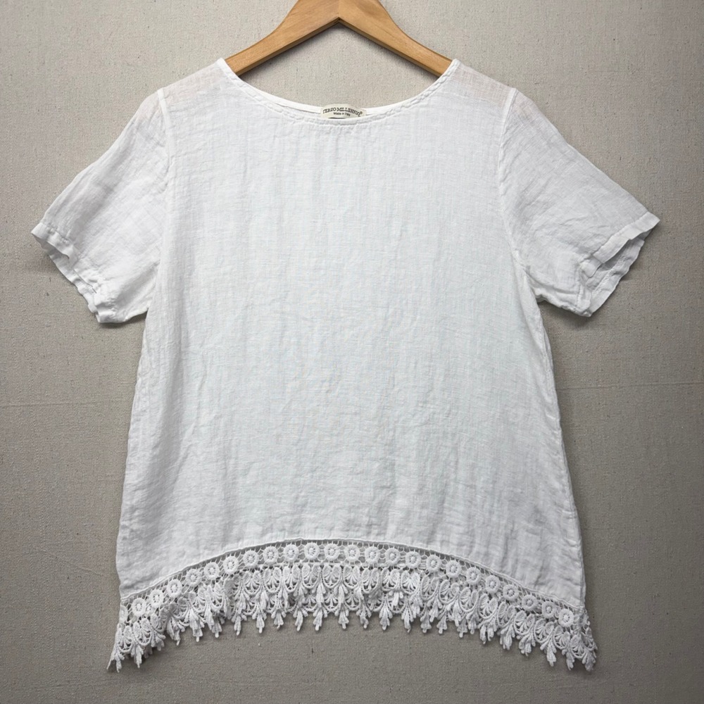 Linen Terzo Millennio Italy White Crochet Lace Trim Top Womens Medium Coastal